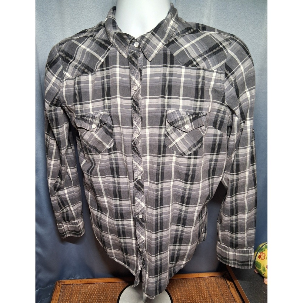 Op Ocean Pacific Kids XL 15/17 Soot Grey Plaid Western Pearl Snap Shirt 0130003A